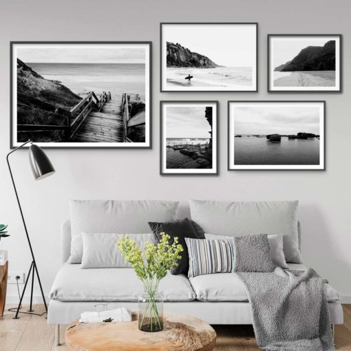 Set of 5 Beach Prints - Black and White Gallery Wall Art Prints